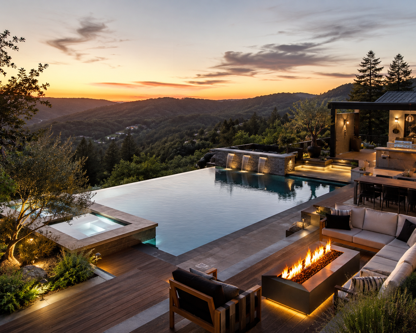 Luxury backyard with sunset
